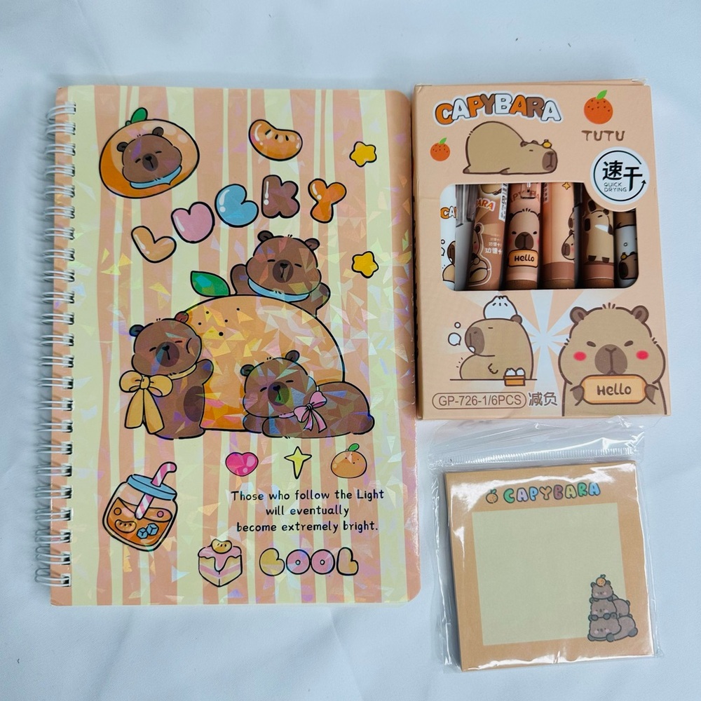 Capybara Bear Stationery Set with Notebook and Pens & Post it Notes